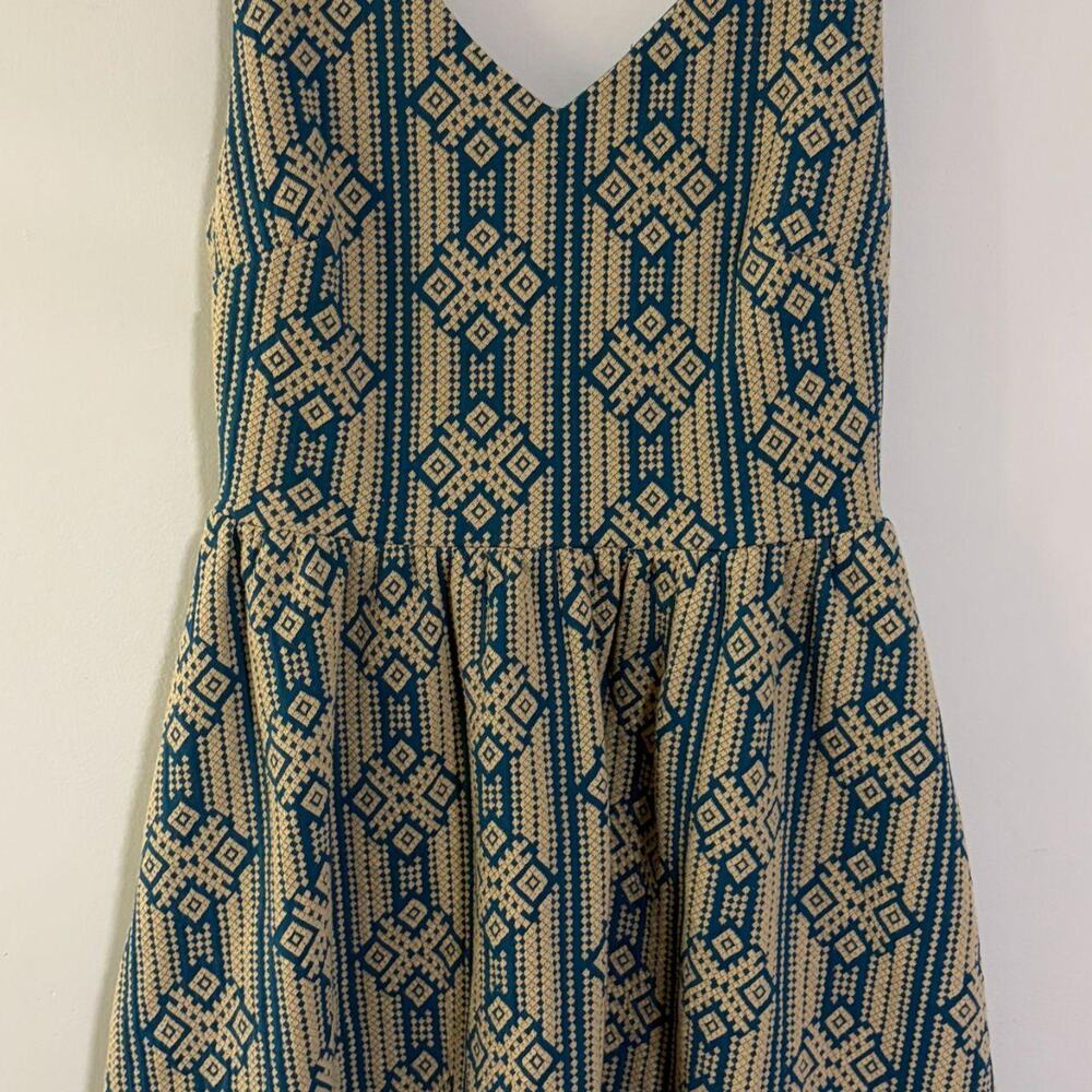Juliia Teal Blue Tan Geometric Tribal Diamond Knit Fit & Flare Skater Dress S